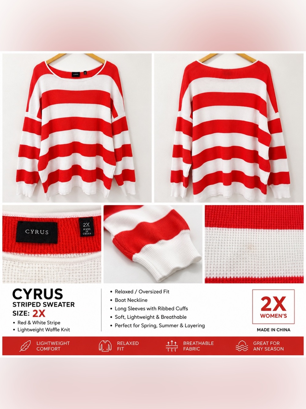 Cyrus Red and White Striped Waffle Knit Sweater 0040